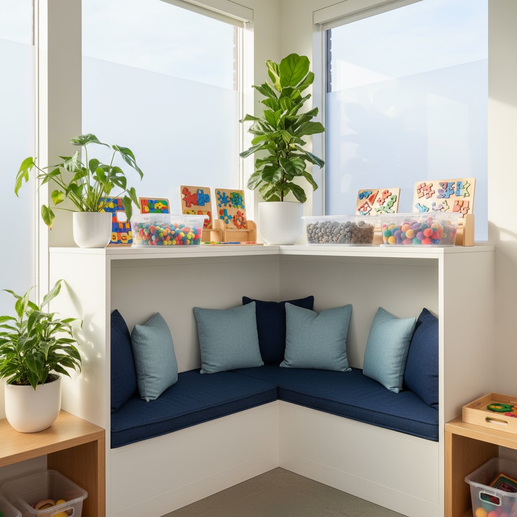 The cozy nook features plush cushions, several light-blue pillows, and a shelf displaying an assortment of toys and plants.