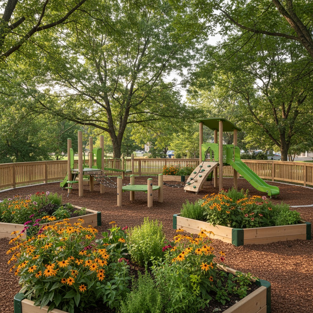 A community garden or playground featuring wood chips and small flowers.