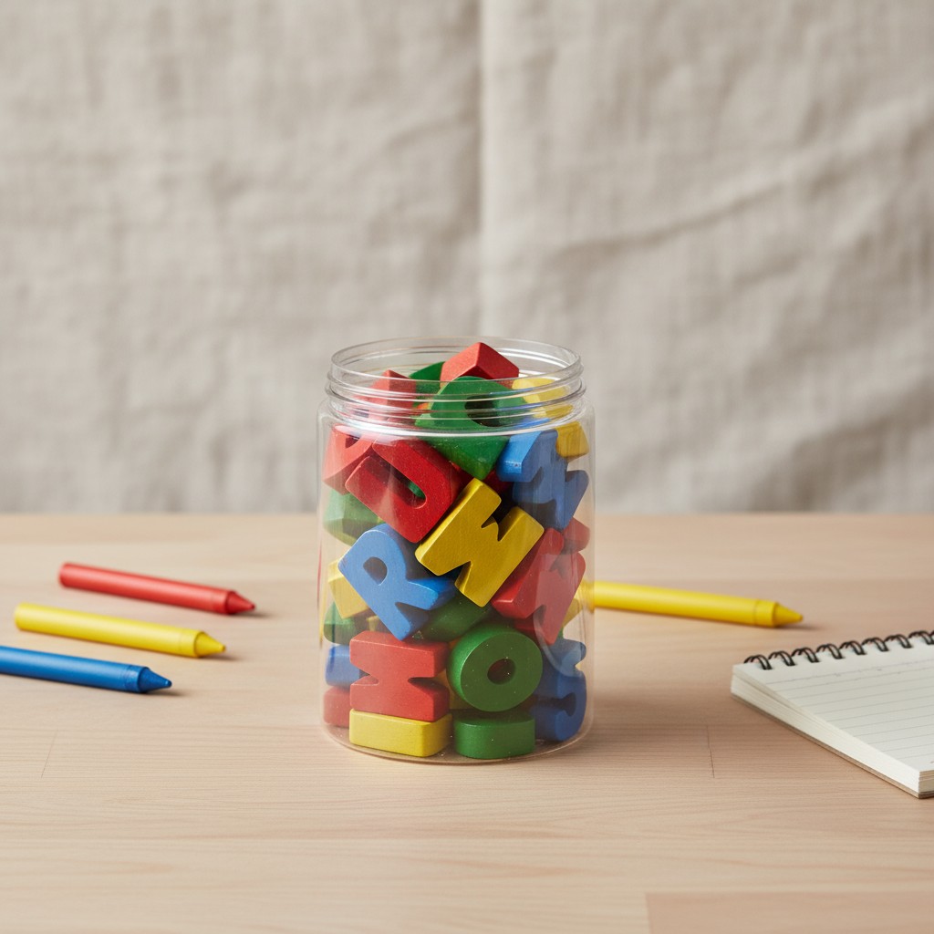 Close up of a glass jar filled with alphabet blocks, along with crayons & notebook on a light wood desk. Off to the upper ...