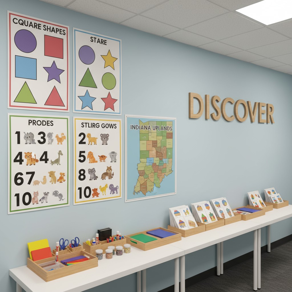 A classroom with learning tools and 'DISCOVER' sign, showcasing variety of educational materials.
