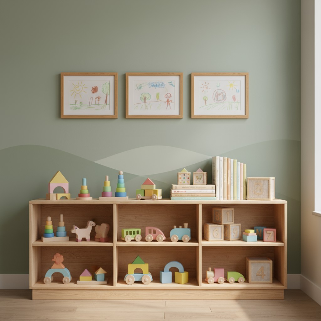 A light-colored, open-front storage cabinet filled with colorful and wooden toys and books in a room with wall art that se...